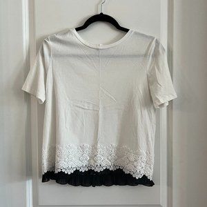 Zara Lace Trim White Short Sleeve Tee Size Small